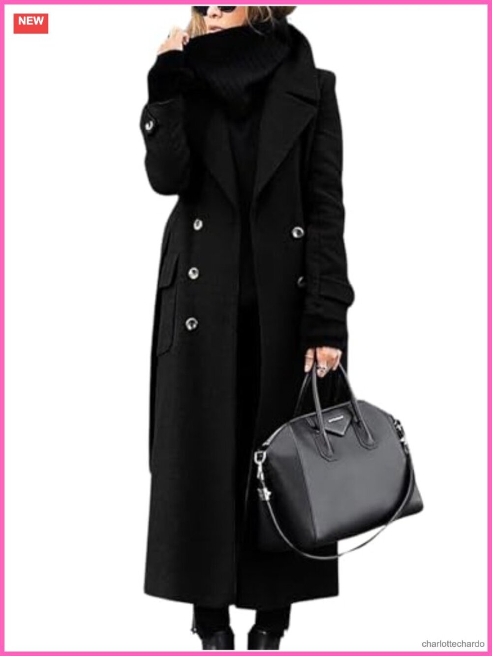 Wool Blend Double Breasted Long Pea Coat Navy Notched Lapel Belted Winter Trench